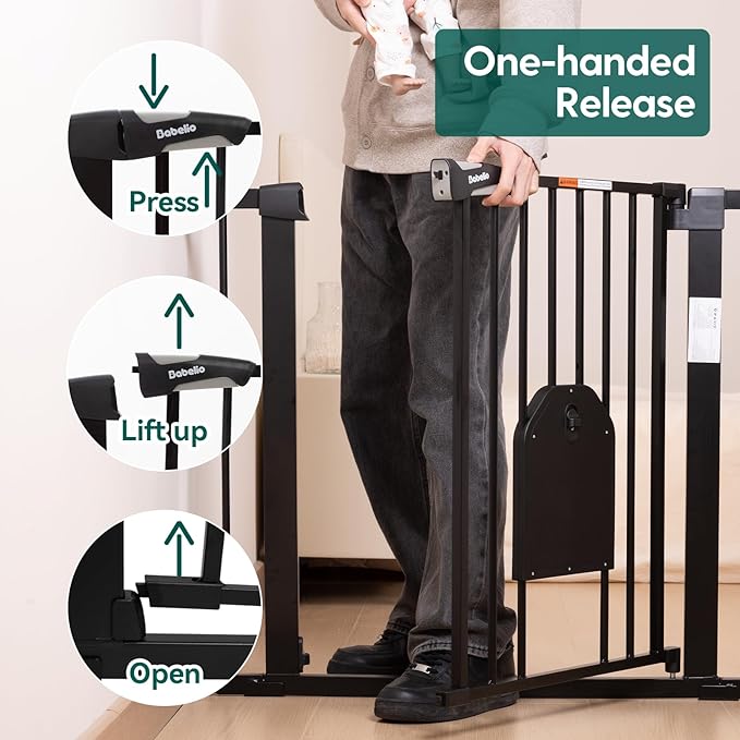 Babelio 36" Tall Auto Close Baby Gate with Small Cat Door, 29-43" Metal Cat Gate for Doorway, Stairs, House. Easy Walk Thru Dog Gate with pet Door, Includes 4 Wall Cups and 3 Extension Pieces, Black