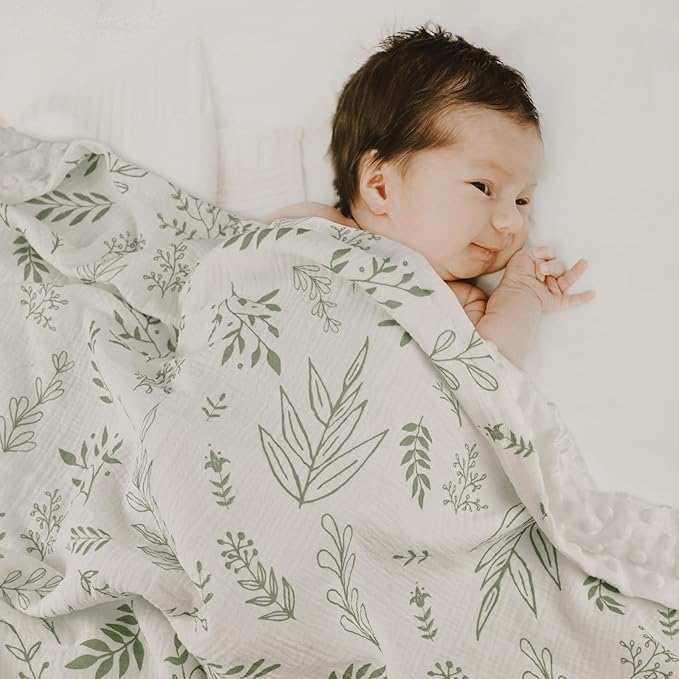 GLLQUEN BABY Blankets for Unisex Boys Girls, 2-Pack Muslin Cotton Front Soft and Breathable, and Dotted Fleece Backing, Printed Bed Nursery Minky Blankets for Toddler Newborn, Greenery,30 x 40 inches