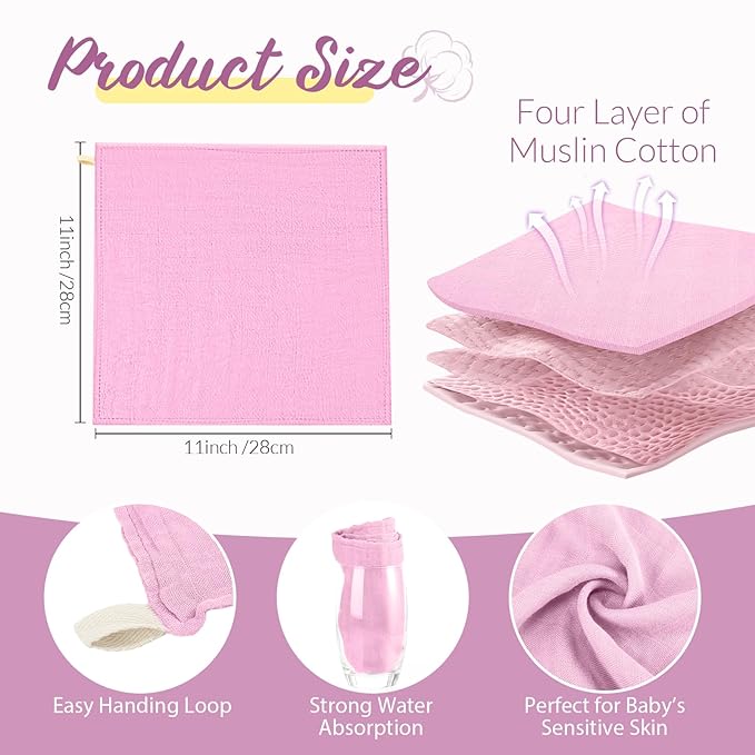 Preboun 6 Pcs Muslin Hooded Baby Towels and Washcloths 32"x 32" Cotton Newborn Bath Towel Anti-Shrink Infant Baby Blankets with Hood 12"x 12" Washcloths for Girl Boy Toddler(Rose Red,Pink)