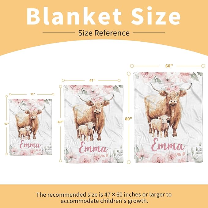 Custom Baby Blanket, Personalized Name Baby Blanket for Girls Boys, Highland Cow Double Layer Dotted Backing Receiving Swaddle Blankets, Nursery Newborns New Parents Customized Gifts(30"x40")