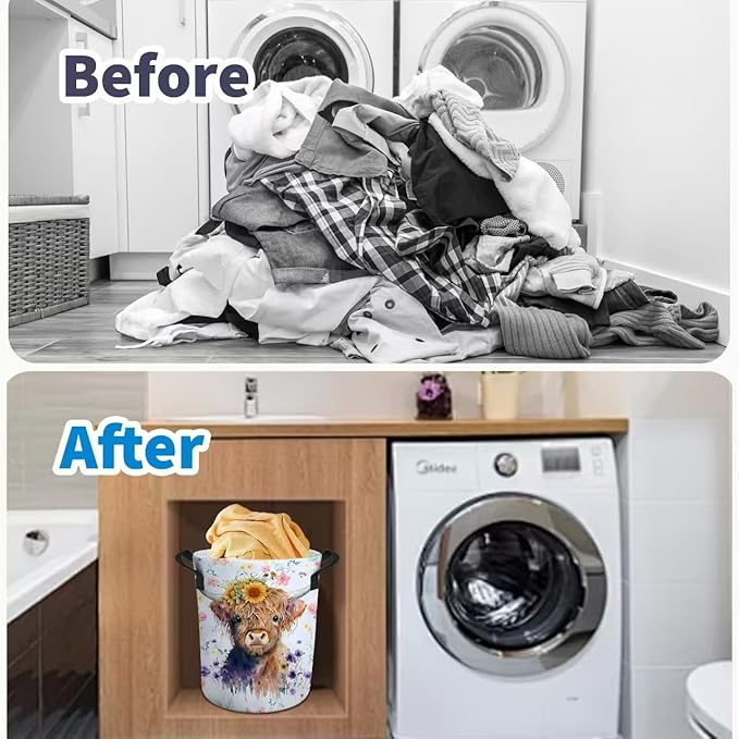 Highland Cow Laundry Basket Gifts for Girls, Girls' Room Decor Baby Nursery Hamper Highland Cow Room Decor 17.7x13.7 Inch