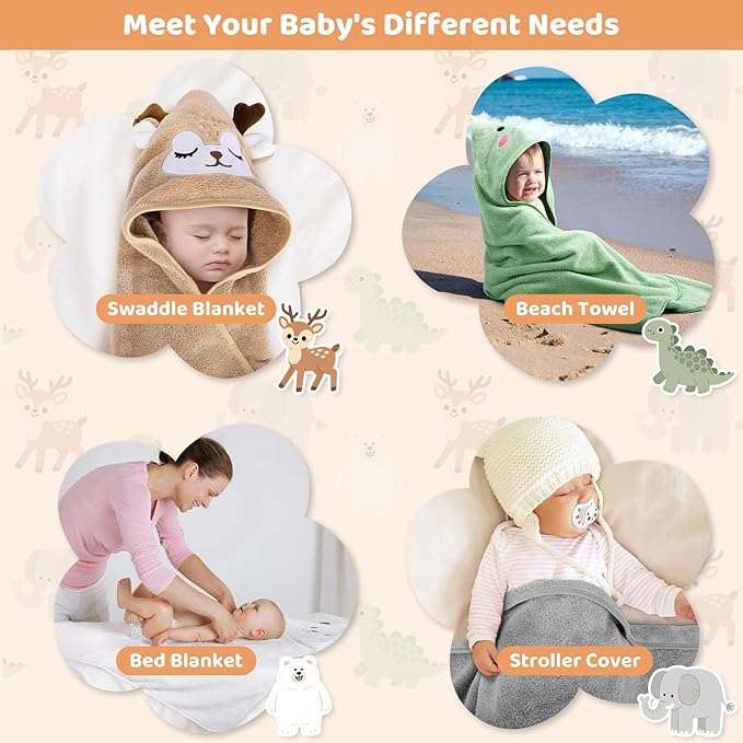 CandyHome 12 PCS Baby Bath Towels Set for Infants Toddlers, 4 PCS Animal Hooded Baby Towels & 8 PCS Washcloths Set, Ultra Absorbent Cute Soft Newborn Essentials Gift for Boys & Girls