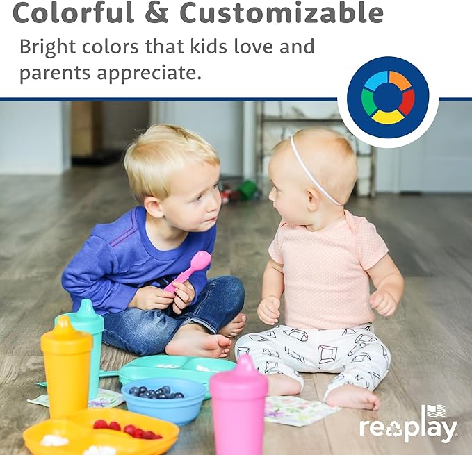 Re-Play Toddler Plates with Dividers - Deep-Walled 3 Compartments Divided Plates for Kids - Dishwasher & Microwave Safe - Made in USA - Set of 3-7.37" x 7.37" x 1.25" - A True Blue