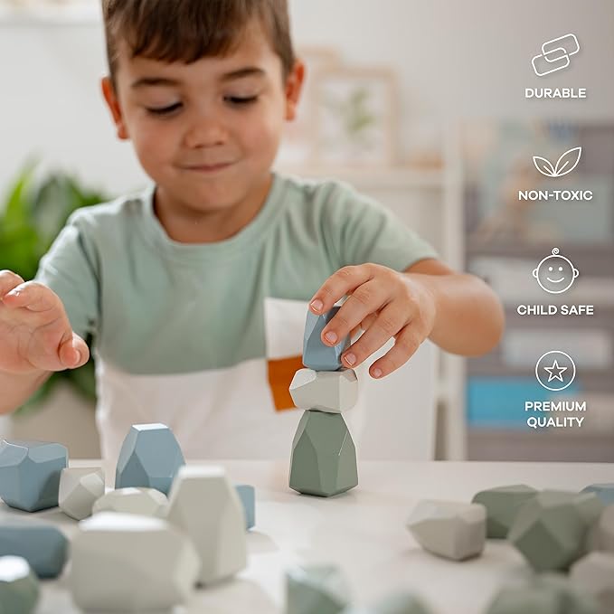 Comfy Cubs Stacking Rocks 36 Pieces, 36 Months+, Educational Toddler Stacking Blocks, Promotes Imagination, Balance & Fine Motor Skills - Wooden Rocks Sensory Toys Gift for Kid, Boy Pack
