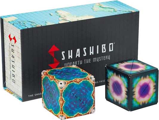 SHASHIBO Shape Shifting Box Bundle- Award-Winning, Patented Fidget Cube w/ 36 Rare Earth Magnets - Transforms Into Over 70 Shapes - Explore The Earth Moon Connection (Earth - Moon 2 Pack)