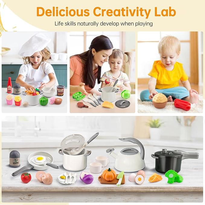 100Pcs Kitchen Playset, Kids Pretend Cooking Play Pots, Pans, Utensils, Cookware, Toy Food Fruits Veggies, with 2 Large Apple - Shaped Storage, Toddler Cooking Learning Gift (White)