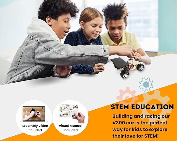 Solar-Powered Car V300, Wooden STEM Kit with Wireless Remote Control for Boys and Girls, Hybrid Powered by Solar Power and Batteries, Educational Motor Toy Gift for Kids Aged 8-12