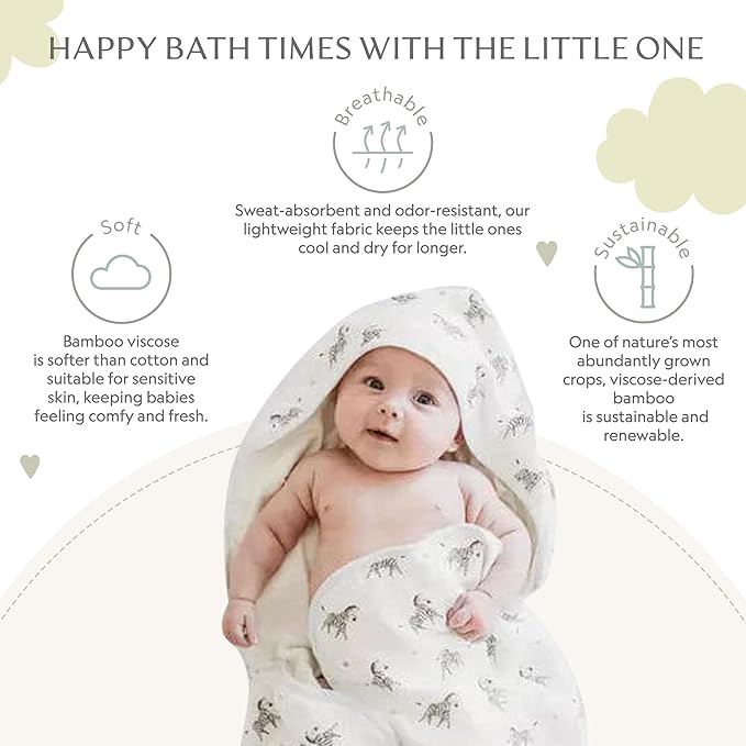 Bamboo Viscose Baby Hooded Towel & Washcloth Set for Babies and Toddlers, Soft & Absorbent, 70% Viscose from Bamboo, 30% Cotton Muslin - Imported (Zebra)