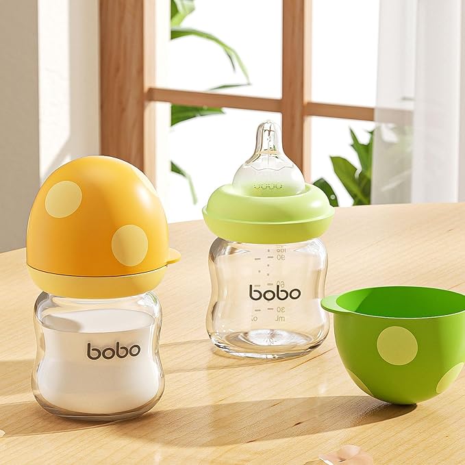 YOHKOH Natural Glass Baby Bottle with Natural Response Nipple, Newborn Anti-Colic Baby Bottles, Wide Neck Mushroom Cap Baby Bottle, Clear (Yellow-A, 3.4oz (Pack of 4))