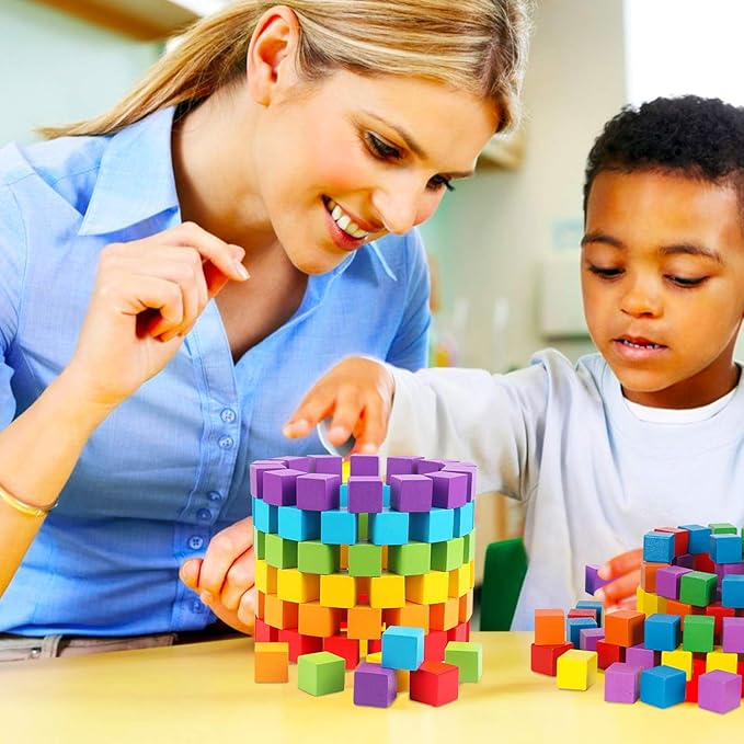 Wood Blocks, 200 Pack Counting Cubes Square Wood Craft Cube Blocks Wooden Blocks Building Blocks,Square Blank Puzzle Making and DIY Craft Cube Blocks,Early Math Manipulatives (Assorted Coloe)