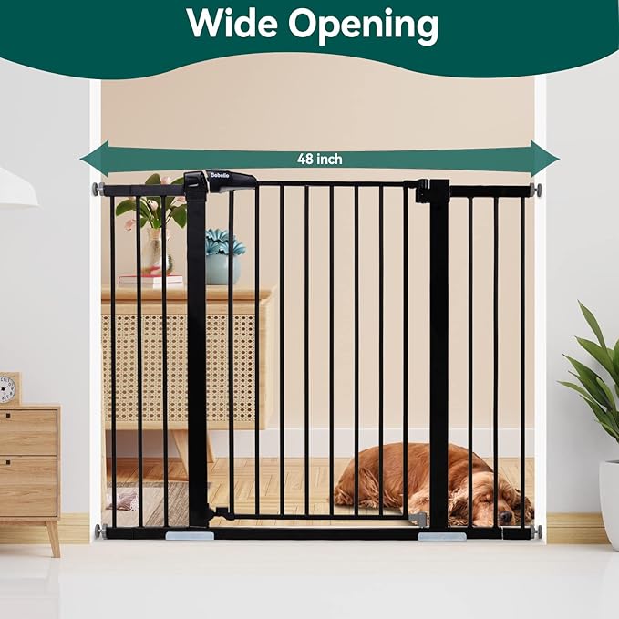 BABELIO 36" Tall Baby Gate PressGuard P7, 29-48" Auto-Close & Pressure Mounted, Black Steel Dog Gate for Stairs & Doorways