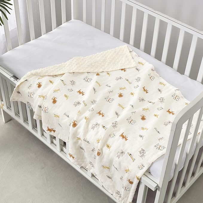 CREVENT 30''X40'' Organic Muslin Cotton Baby Blanket for Newborns, Soft Mink Backing, Essential for Baby Shower Birthday Gift - Animal 75X100cm
