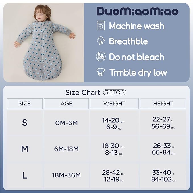 Duomiaomiao 3.5 TOG Baby Sleep Sack 100% Cotton Winter Long Sleeve Baby Wearable Blanket, Super Warm Quilted Comfy Toddler Sleeping Sack