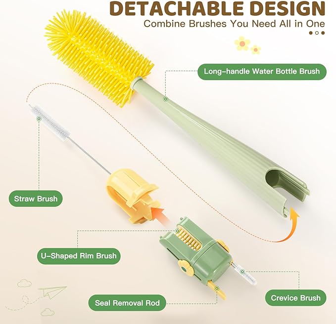 Orzbow 2 Pack Baby Bottle Brush, 5 in 1 Travel Baby Bottle Brush Set, Including Silicone Bottle Cleaner Brush, U-Shaped Rim Brush, Straw Brush, Crevice Brush & Seal Removal Rod, Green