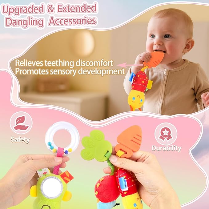 Car Seat Toys for Babies 0-6 Months, Upgraded Spiral Hanging Crib Stroller Activity Toys with Detachable Rattles, Baby Car Seat Accessories Toy for Developing Sensory Skills, Gift for Newborn Infant