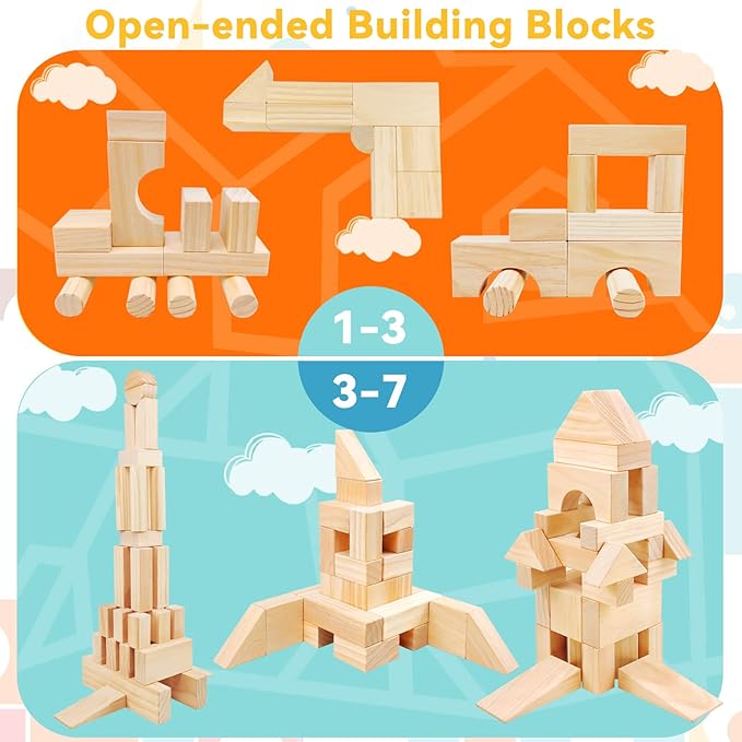 Onshine Large Wooden Blocks for Toddlers 1-3, 64 Pieces Big Wood Building Blocks Set with Wooden Storage Box, Large Toddler Blocks Building and Stacking Toys Construction Set