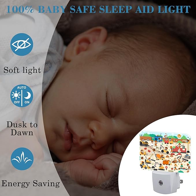 Cartoon Construction Site Scene Night Light for Kids Girls Boys, Funny Kid Builders LED Night Light Plug into Wall with Dusk to Dawn Sensor for Bedroom,Hallway,Kitchen,Bathroom,Stairs Decor