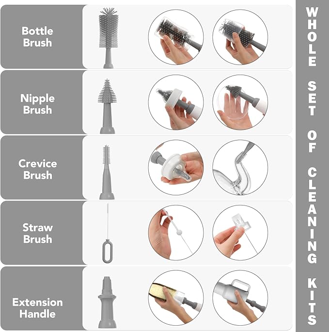 Electric Bottle Brush Cleaner, 9 in 1 Baby Bottle Brush Kit with Nipple Straw Crevice Brushes Drying Rack Extender Soap Dispenser Storage Box, Rechargable Bottle Cleaner Set for Travel & Home (Gray)