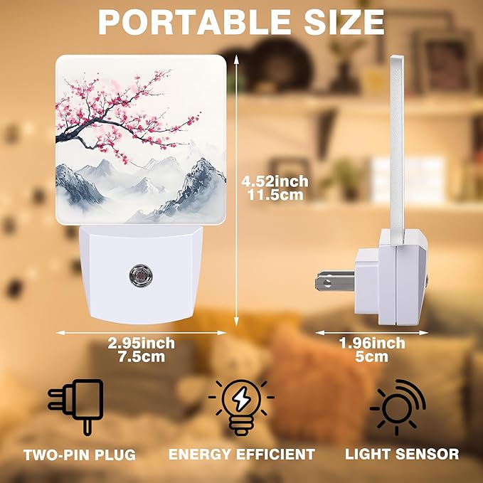 Cherry Blossom Tree Night Light, Japanese Mountains Plug-in Nightlight with Dusk to Dawn Auto Sensor for Home Bedroom Hallway Kitchen 0.5W Sleep Friendly Led Lamp for Women Men
