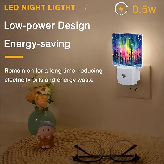 Winter Forest Night Light Northern Lights Night Lights Plug into Wall Smart Dusk to Dawn Sensor 0.5W Energy Efficient Led Lamp for Men Women Bedroom Bathroom Hallway Stairway Decor
