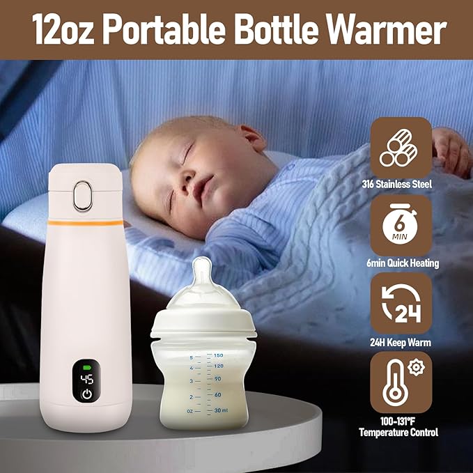 Portable Milk Warmer, Portable Bottle Warmer for Travel, 12 oz Instant Breastmilk Formula Warmer, Fast Heating & Long Battery Life, On The Travel Car Airplane Fast Heat Up