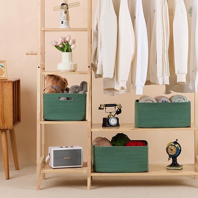 Large Storage Baskets for Organizing, Closet Shelf Baskets for Clothes Blanket Towels, Baby Nursery, Toy Bins Box, Woven Rope Baskets, 17 x 13 x 7.5”, 4 Packs Green