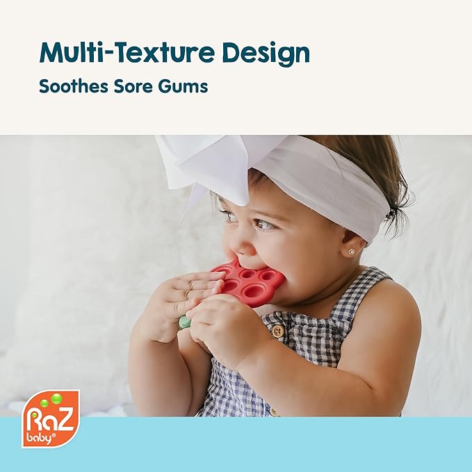 RaZbaby RaZberry Pop Strawberry Teether – Multi-Textured Silicone for Sensory Development & Teething Relief – Easy to Hold for Small Hands – Soft BPA-Free Design for Babies 3 Months+, Red/Green
