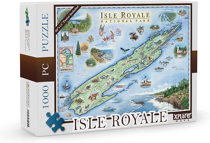 Isle Royale National Park Map Cardboard Jigsaw Puzzle - 1000 Pieces, Hand-Illustrated - Educational, Family Activity, Ages 7+, Includes Poster - 25.4 x 19.8