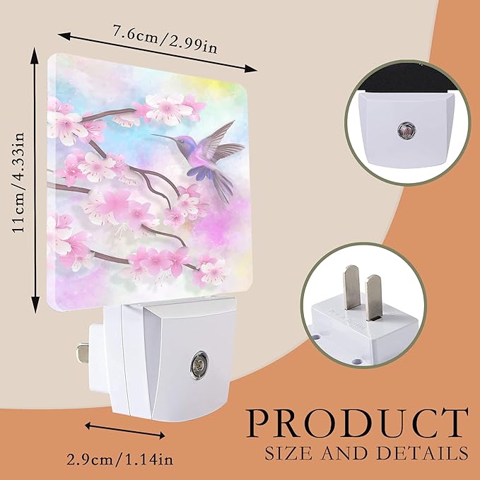 Cherry Blossoms Night Light,Humming Bird Night Lights Plug into Wall for Boys Girls Bedroom Decorative Half Round Nightlight Led Lamp 0.5W Sleep Friendly