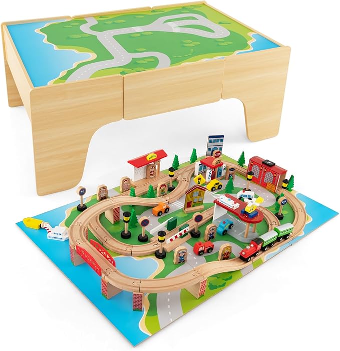 GLACER 84-Piece Train Table, Large Multipurpose Wooden Toy Activity Table Playset with Reversible Detachable Tabletop, Railway Tracks, Trains, Cars, DIY Design, Gift for Boys Girls Ages 3+