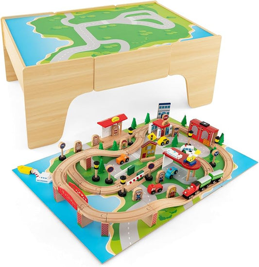 GLACER 84-Piece Train Table, Large Multipurpose Wooden Toy Activity Table Playset with Reversible Detachable Tabletop, Railway Tracks, Trains, Cars, DIY Design, Gift for Boys Girls Ages 3+