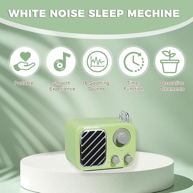 Vintage Style White Noise Machine with 16 Soothing Sounds – Portable Sleep Sound Device with Timer & Adjustable Volume for Baby, Kids, Adults, Travel & Office (Sprout Green, Portable)