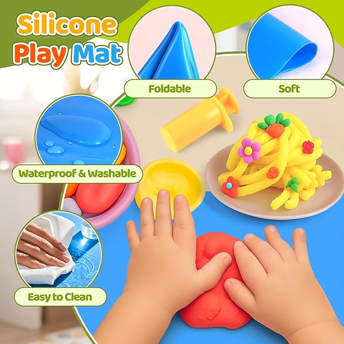 Dough Play Tools Sets for Kids, 22pcs Clay and Dough Accessories for Toddlers with Storage Box, Silicone Mat, Rolling Pins, Safety Scissors, Mini Knife,3D Dino & Animal Molds, Gift for Boys Girls