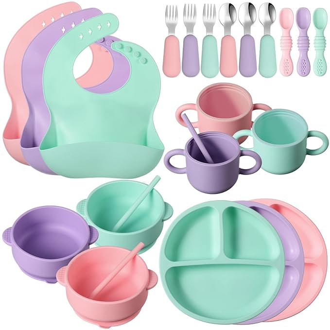24 Pack Silicone Baby Feeding Set Baby LED Weaning Supplies Includes Suction Divided Plates Soft Bowl Spoons Forks Adjustable Bib Snack Cup and Straws(Pink, Purple, Mint Green)