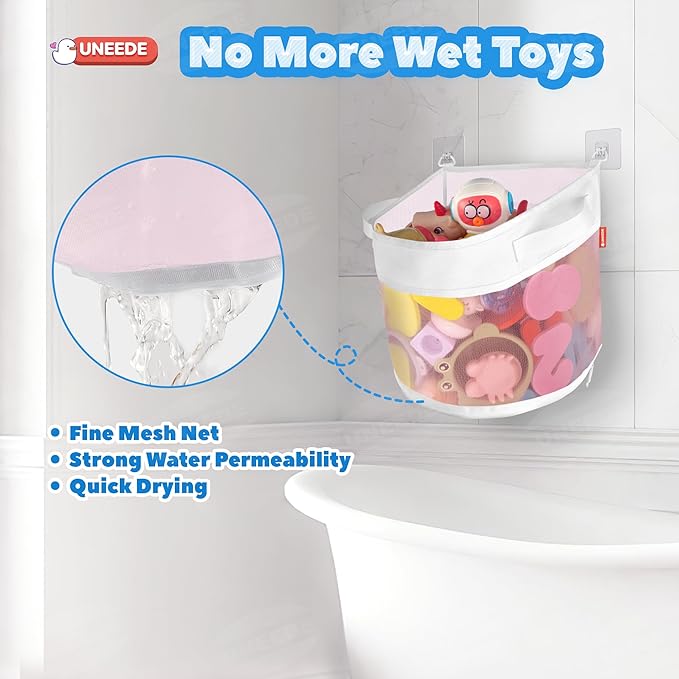 UNEEDE Bath Toy Organizer,4.15 Gallons Bathtub Toy Storage Organizer,Quick Access Bath Toy Holder For Bathtub,Baby Organizer And Storage,Quick Dry Baby Bath Toy Storage For Tub,Mesh Shower Caddy(Pink)