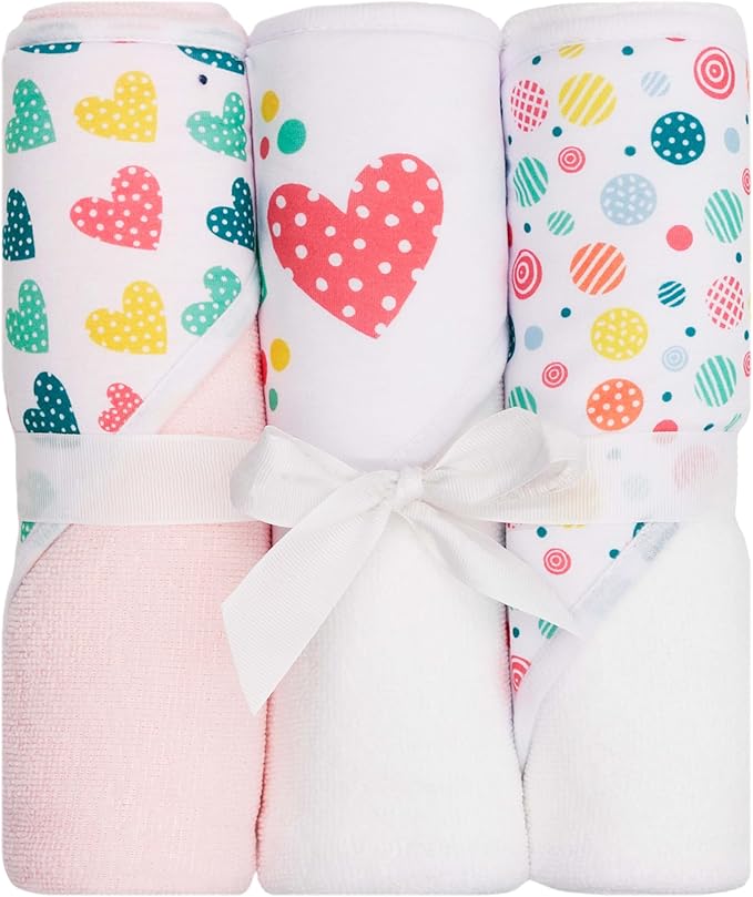 Hooded Baby Towels 3-Pack – Soft Baby Bath Towels with Hood for Newborns & Toddlers, Baby Hooded Towel Set, 30" x 26" (Candy Hearts)