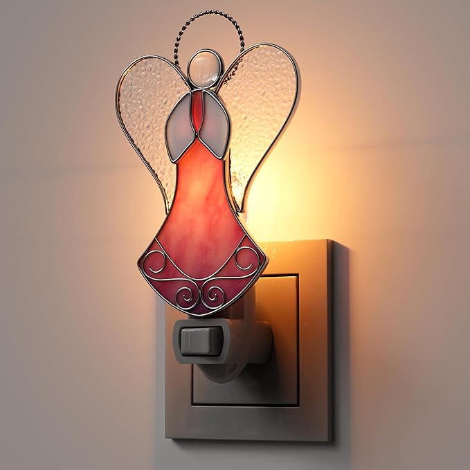 Night Lights Plug Into Wall Stained Glass 7W Plug in Night Light Dusk to Dawn 3000K Warm White Nightlight Switch-On/Off for Adult Kids Room Bathroom Hallway Kitchen Non-Dim (Pink Angel 5" H)