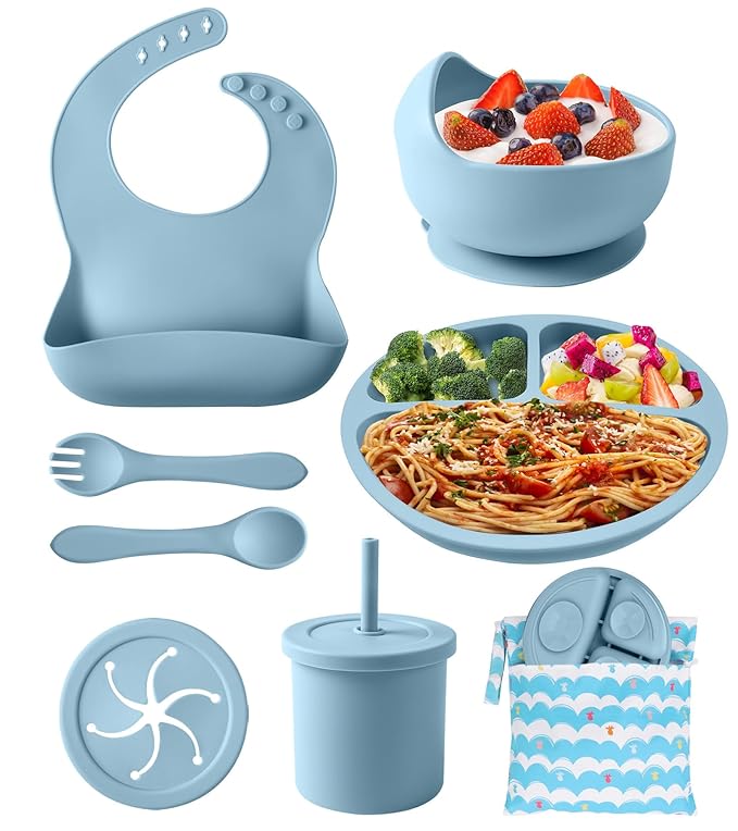 Silicone Baby Feeding Set, 10 Pcs Baby Led Weaning Supplies Baby Eating Essentials Set with Suction Bowl Divided Plate Adjustable Bib Soft Spoon Fork Cup with Lid Drinking Cup, Travel Bag (Blue)