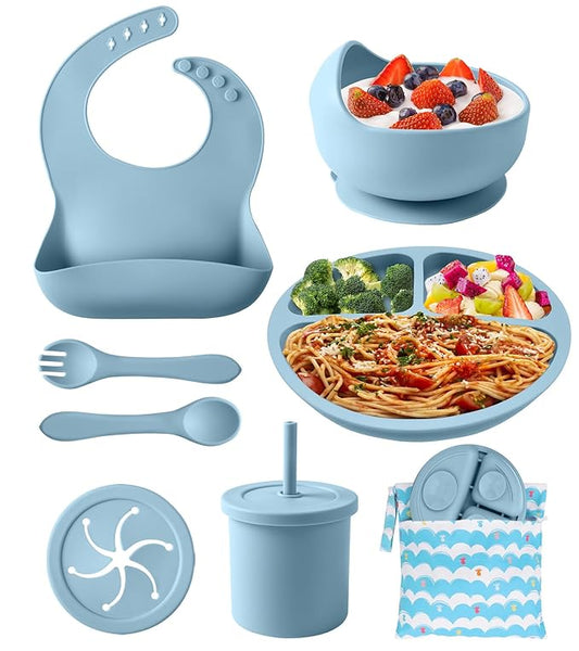 Silicone Baby Feeding Set, 10 Pcs Baby Led Weaning Supplies Baby Eating Essentials Set with Suction Bowl Divided Plate Adjustable Bib Soft Spoon Fork Cup with Lid Drinking Cup, Travel Bag (Blue)