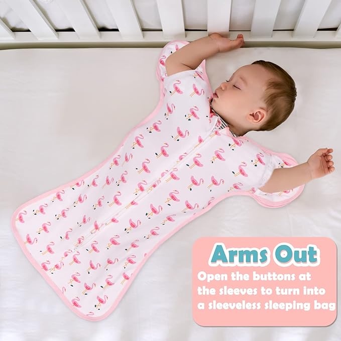 2 Pack Transition Swaddle with 2 Way Zipper, 2 in 1 Arms in/Out Transitional Arms Up Swaddle, 100% Cotton Newborn Swaddles Zipper Swaddles Baby Swaddling Sack Sleep Sack 3-6 Months, Flamingo & Bear