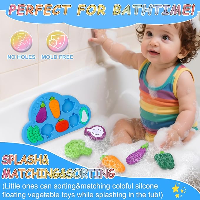 Baby Bath Toys, Premium Silcone Mold Free Vegetable Bath Toys, Soft Toddlers Floating Bathtub Toy, No Hole Tub Water Toys, Shape Sorting&Matching Educational Learning Toy Gift for Boys Girls Kids