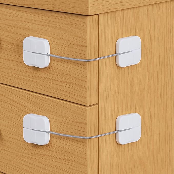 4 Pack Cabinet Locks Baby Proofing, Maveek Child Proof Drawer Locks Dual-Button White Fridge Lock Toilet Closet Dresser Kitchen Refrigerator Door Window Latch For 0-24 Month Infant Safety