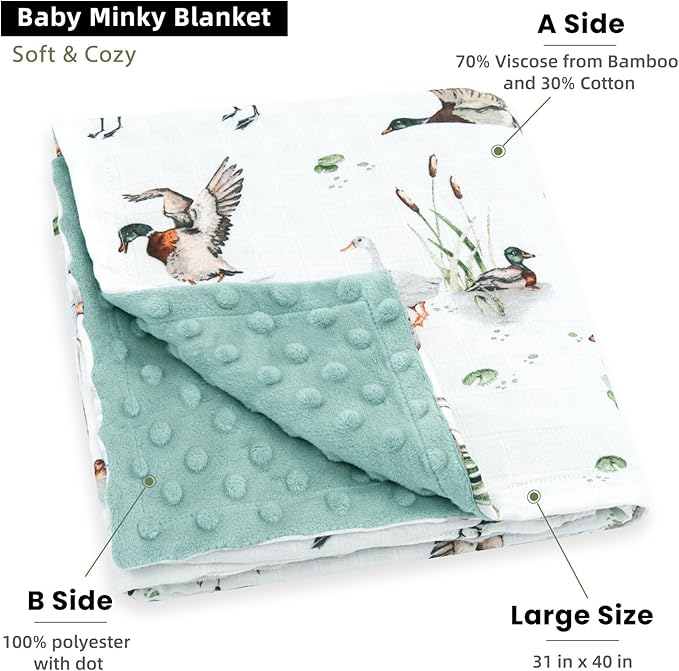 LifeTree Baby Blankets for Newborn, Soft & Lightweight Swaddle Blankets, Muslin Front and Dotted Fleece Backing Receiving Bed Blanket, 31X40 Inches, Baby Girl & Boy Blanket, Duck and Green