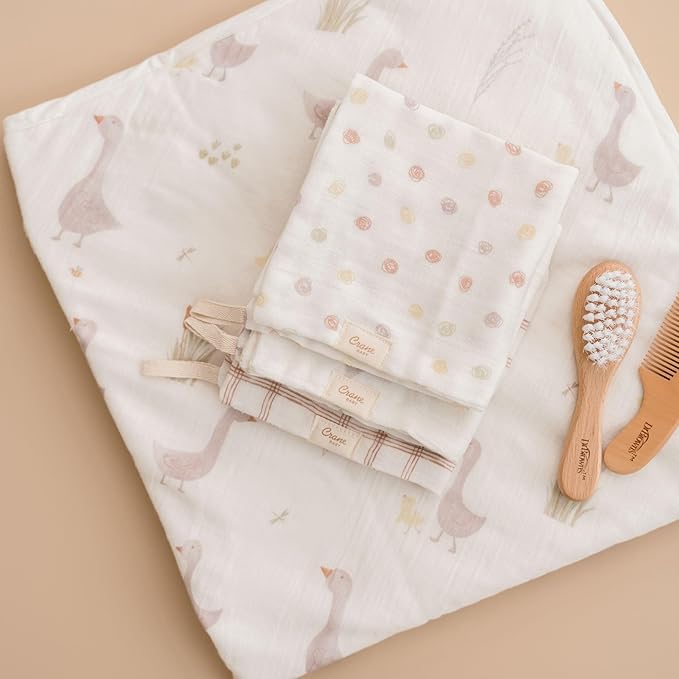 Crane Baby Hooded Towel & Washcloth Set, Charlie Farmhouse Goose Hooded Baby Towels and Washcloths Set, Baby Bath Essentials, Washcloths for Newborn, Muslin Towel for Babies