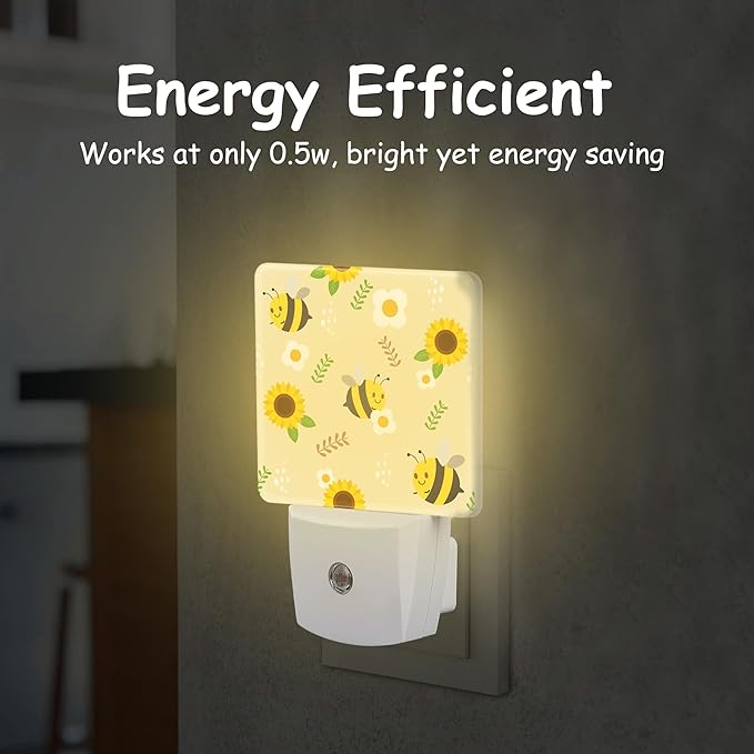 Night Light,Cute Bee and Yellow Sunflower Plug-in Night Light Auto Dusk-to-Dawn Sensor Daisies and Leaves Energy Efficient LED Lamp for Room Decor,Hallway,Kitchen,Bathroom,Nursery,Stairs