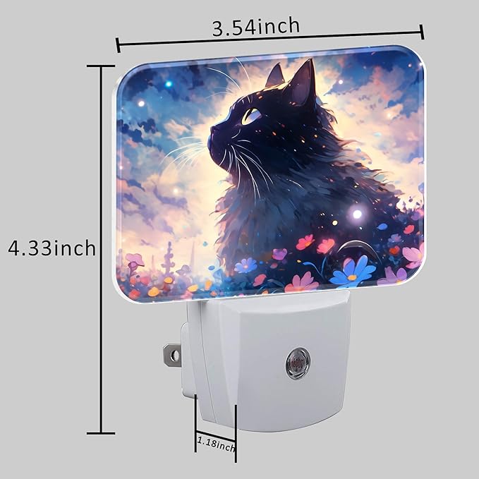 Cartoon Cute Black Cat Night Light for Kids Girls Boys, Cat in The Flowers LED Night Light Plug into Wall with Dusk to Dawn Sensor for Room, Hallway, Kitchen, Bathroom, Stairs Decor