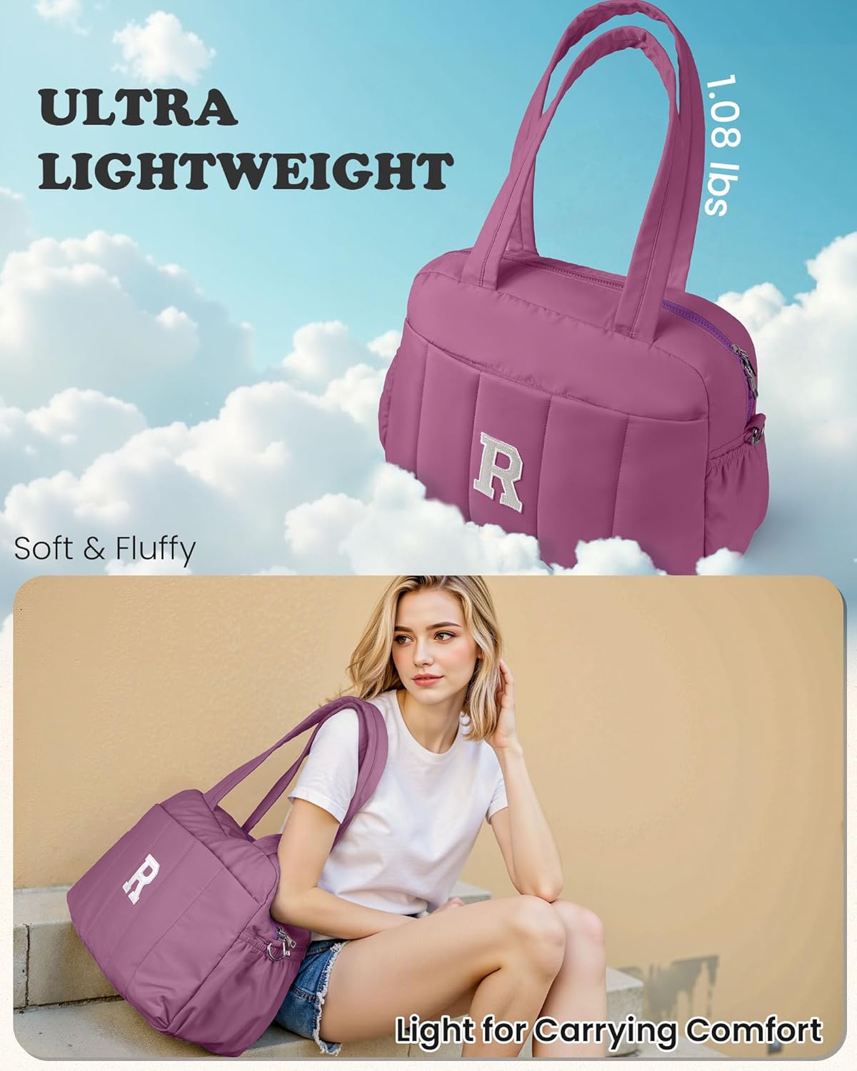 Duffle Bag with Initial, Spend The Night Bags for Women，Overnight Bag with Wet Pocket，Lightweight Travel Bags Personalized Gym Tote with Makeup Pouch