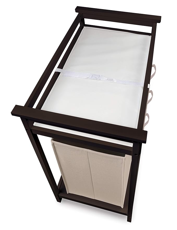 Badger Basket Modern Baby Changing Table for Nursery - Diaper Changing Station with Laundry Hamper, 3 Storage Drawers, Changing Pad, and Safety Belt - Espresso and Ecru