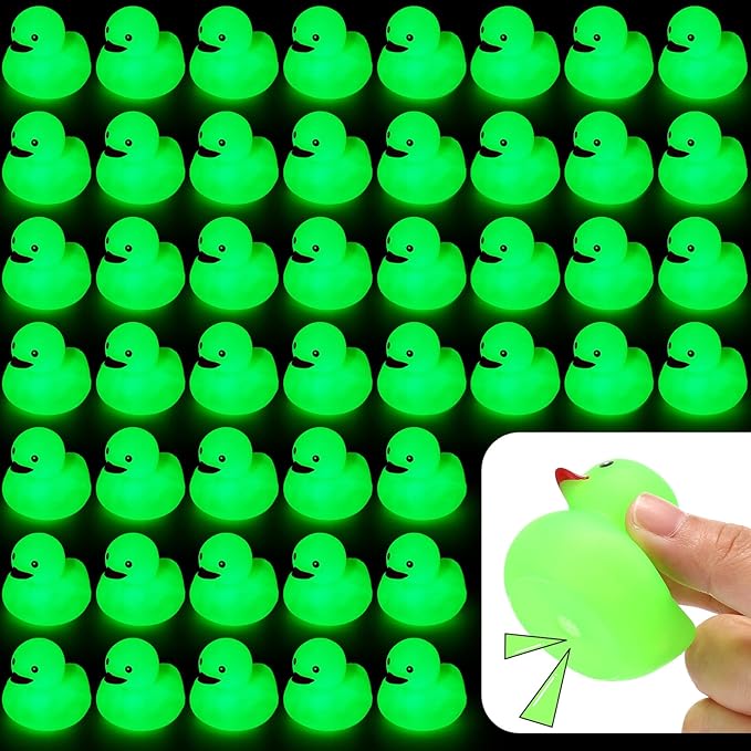 Tradder 50 Pcs 2 Inch Glow in the Dark Rubber Ducks Bulk Summer Rubber Float Ducks Light for Pool Bath Bathtub Baby Shower Autumn Halloween Christmas Party Favors Gift(Green)