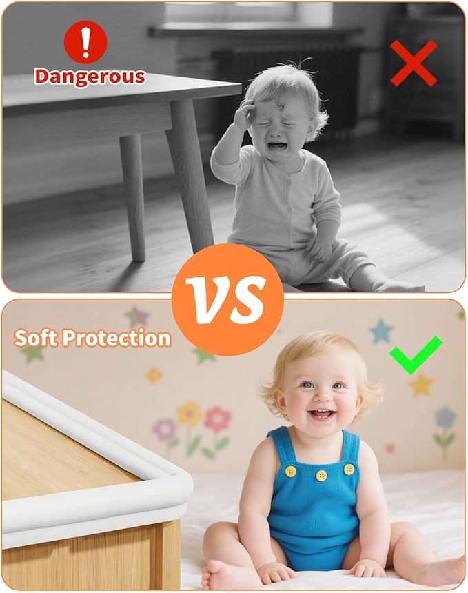 Edge Corner Protector Baby Proofing, 6.56FT 0.6'' Thicken L-Shape Furniture Fireplace Safety Bumper Guard with 6 Corners, Pre-Taped, Soft NBR Rubber Foam, Table Edge Protector for Baby(White-gray)